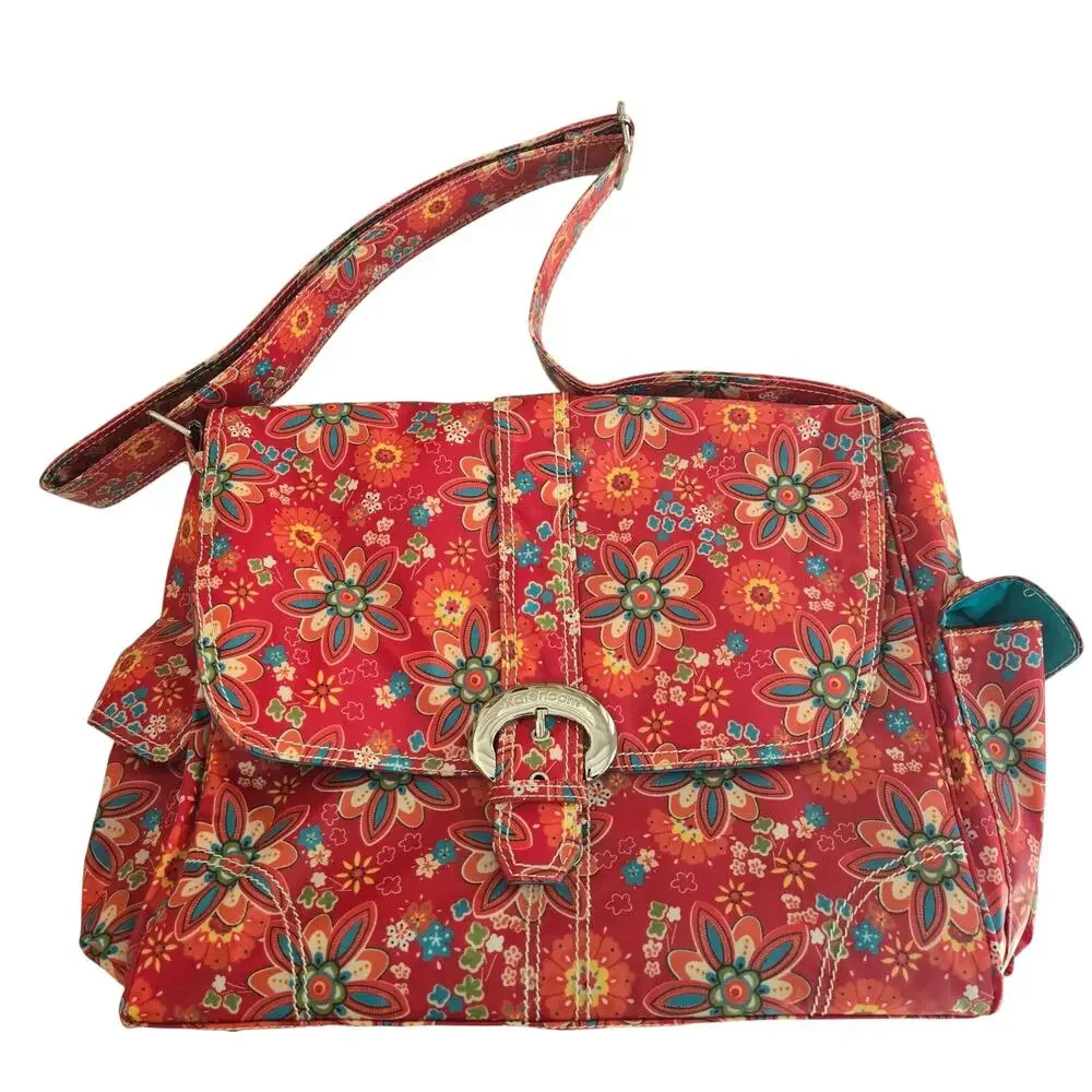 Kalencom NWT Red Primavera Floral Buckle Diaper Bag, Bottle Holder and Pouch